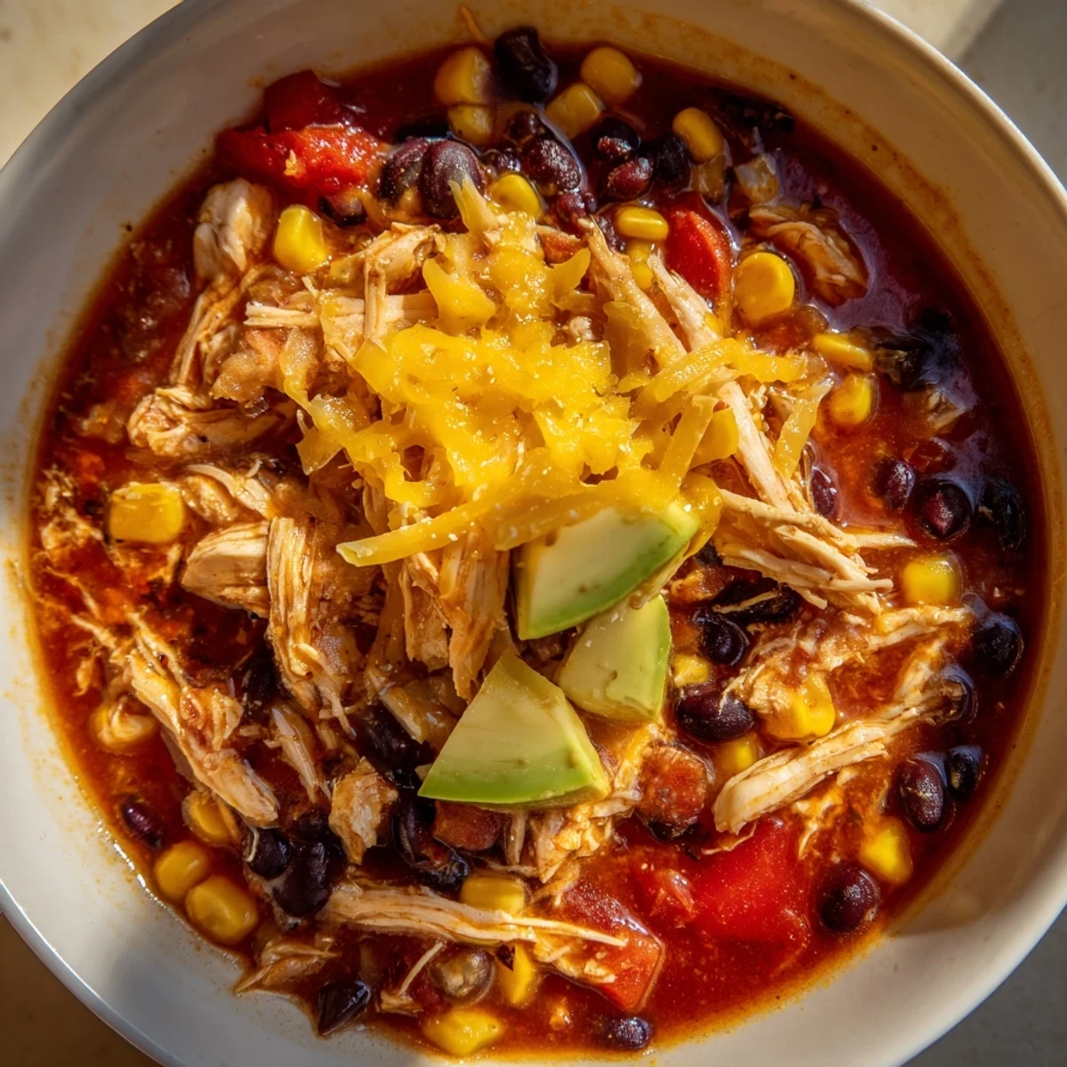 Imagine a vibrant photo of Slow Cooker Chicken Enchilada Soup, garnished with fresh cilantro and cheese.