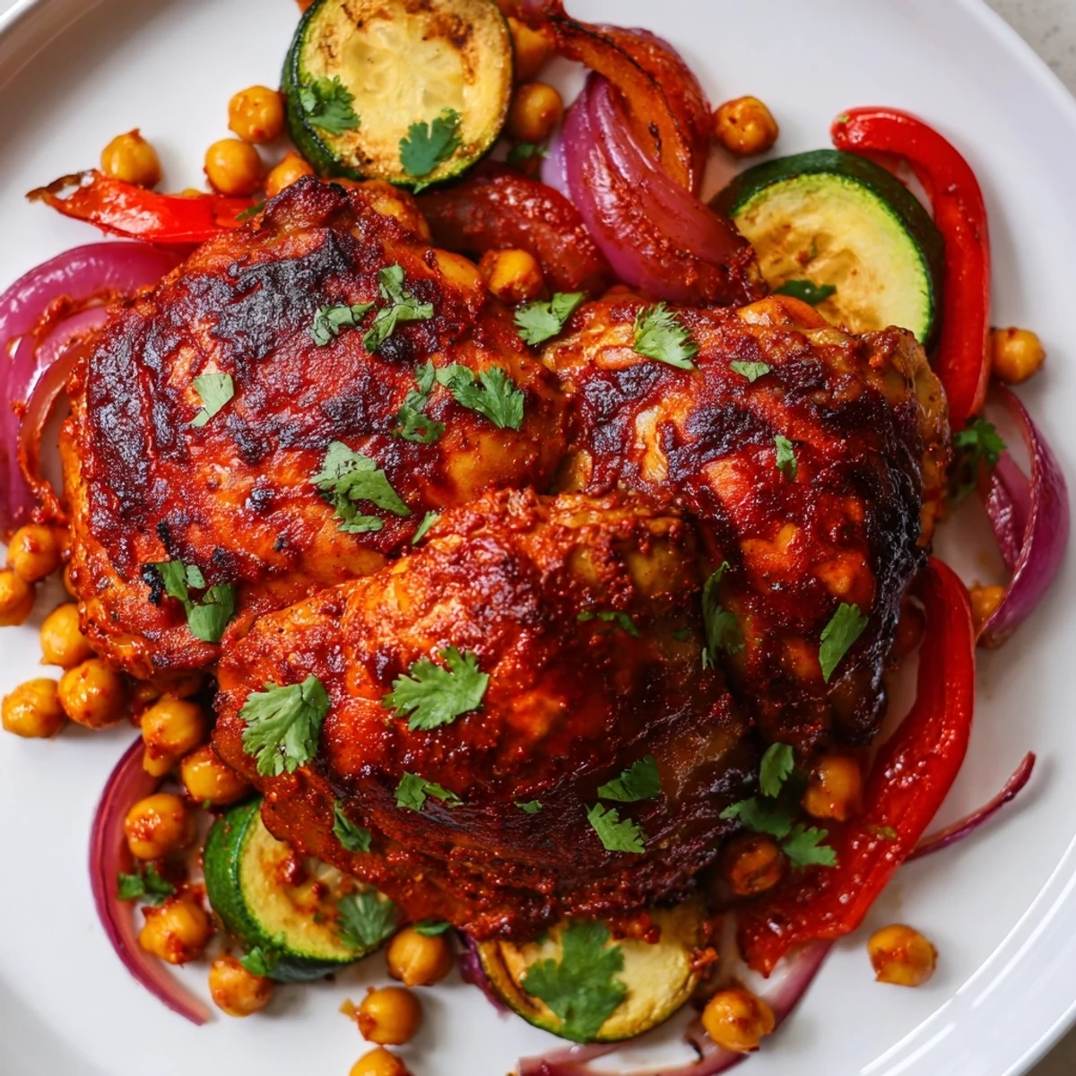 A flavorful close-up of sheet pan harissa chicken, featuring juicy chicken thighs with roasted chickpeas.