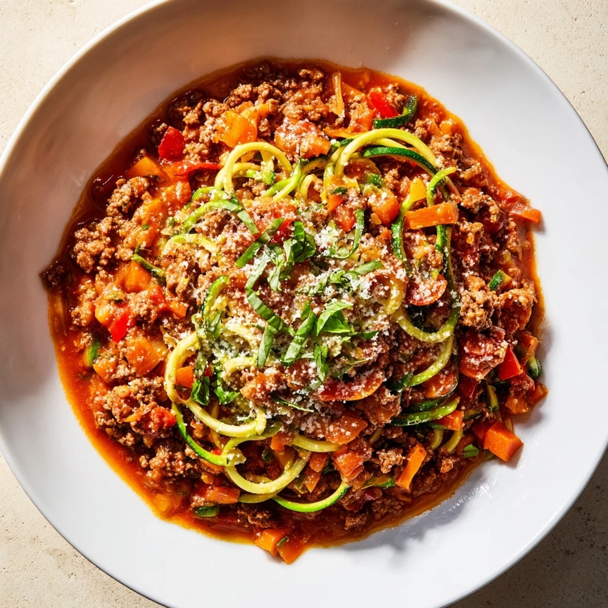 Spoonfuls of rich, savory beef Bolognese coating zucchini noodles, ready for a delicious meal.