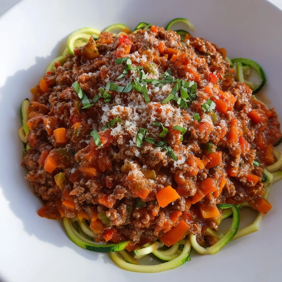 A close-up of steaming beef Bolognese, glistening, over bright green zucchini noodles, ready to eat.