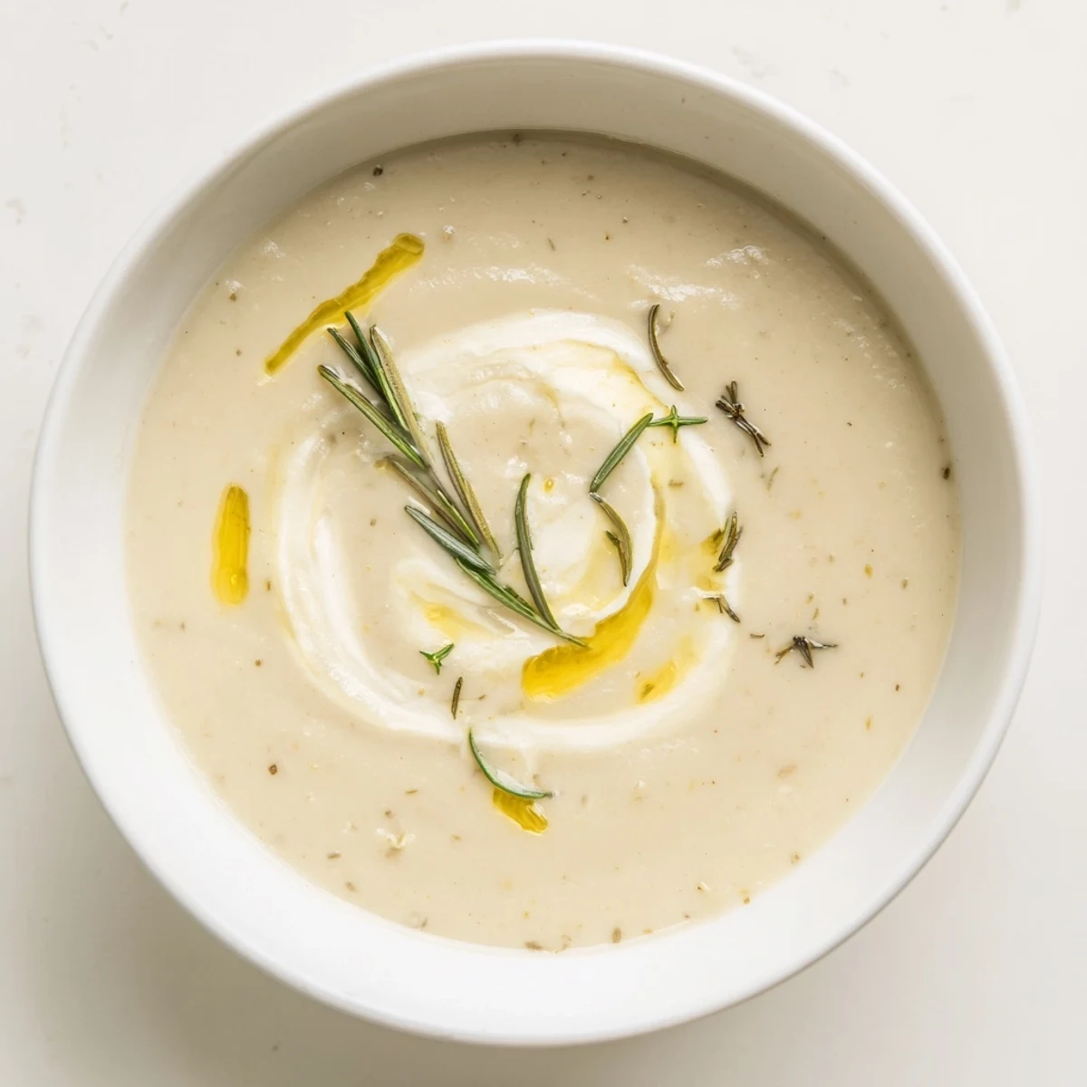 Close-up image shows creamy white bean and rosemary soup, garnished with fresh rosemary and olive oil.