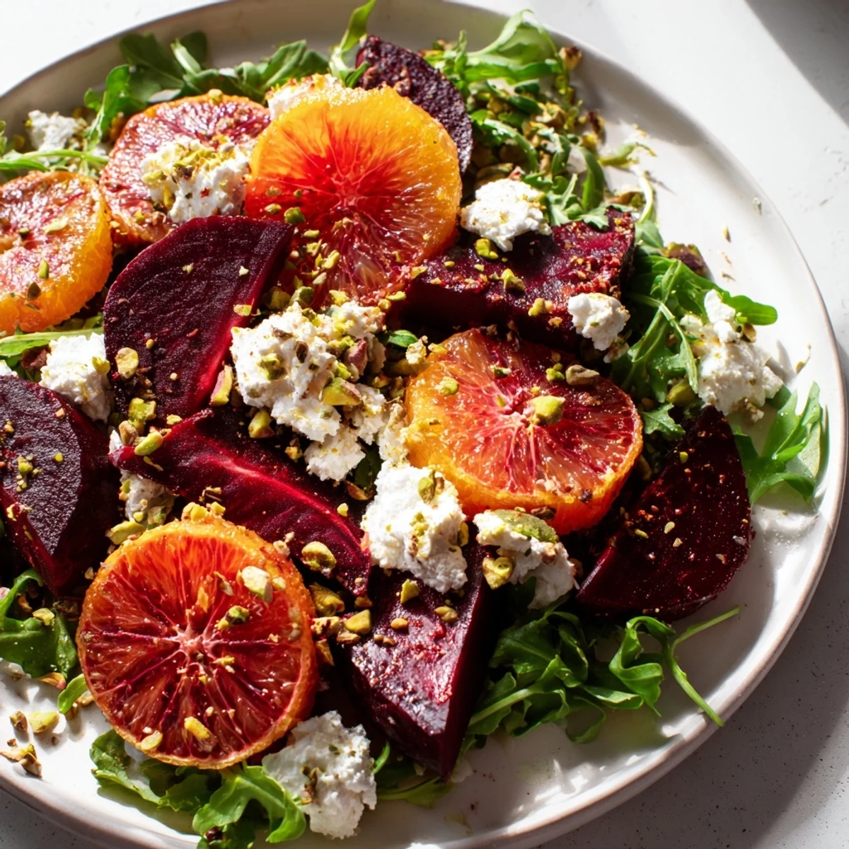 Vibrant Roasted Beet and Blood Orange Salad showcasing bright beets, citrus, creamy goat cheese, and pistachios.