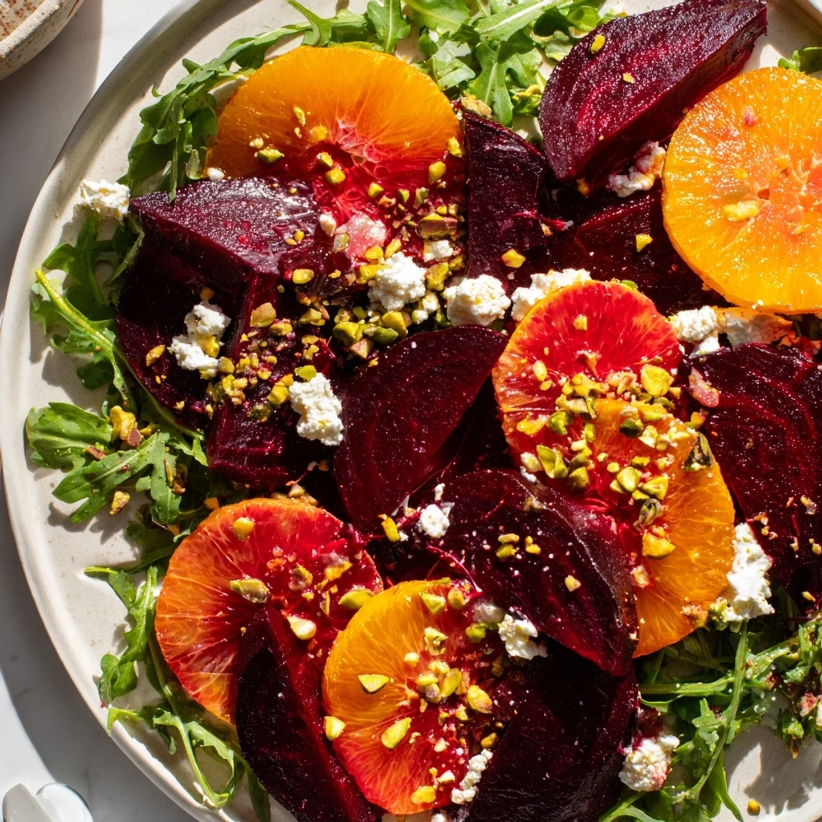A delightful close-up of the Roasted Beet and Blood Orange Salad, ready to be drizzled with vinaigrette.