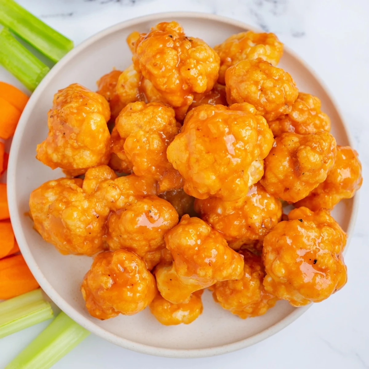 Air Fryer Buffalo Cauliflower Wings ready to eat, with crispy coating and vibrant red buffalo sauce.