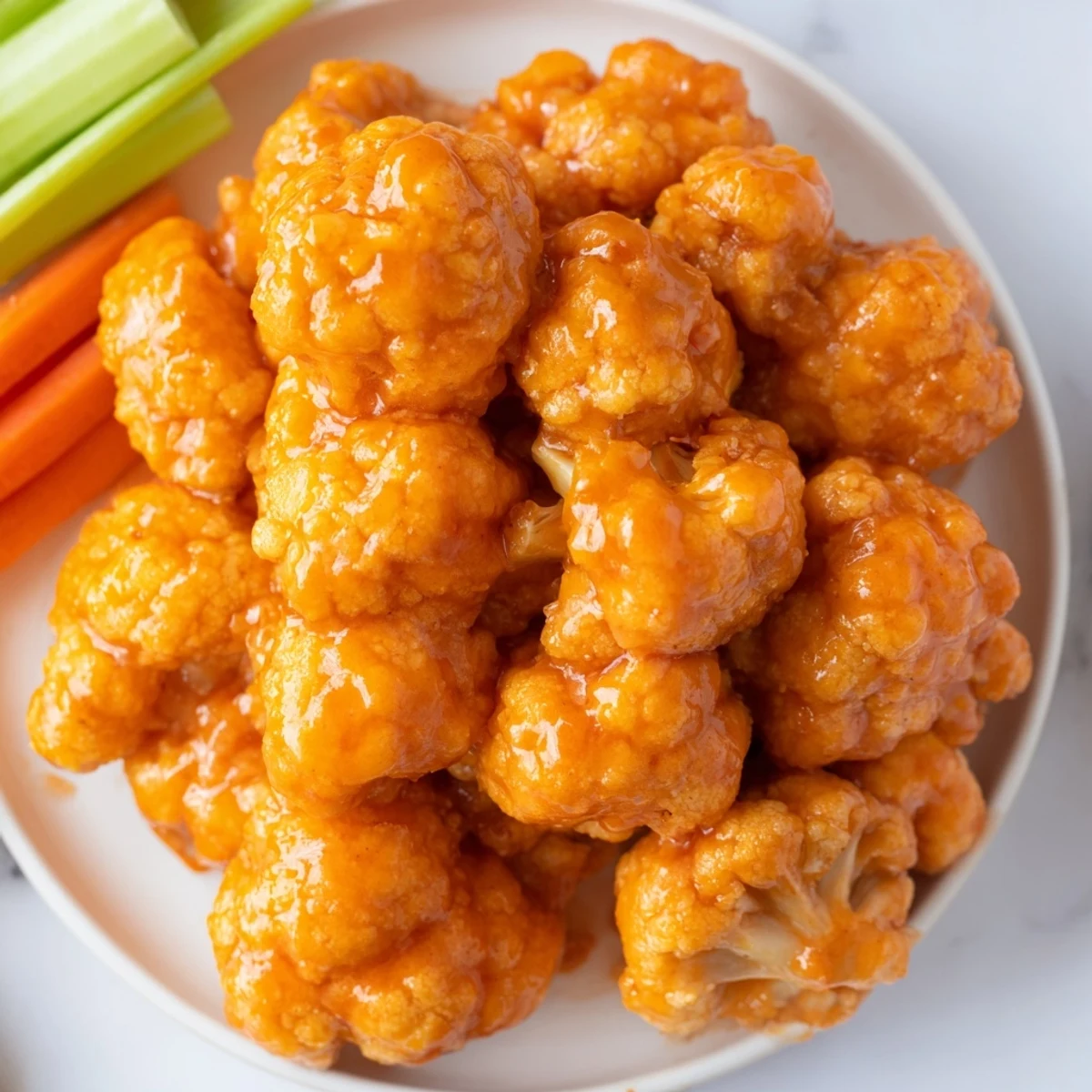 Golden-brown Air Fryer Buffalo Cauliflower Wings, perfect alongside fresh carrot and celery sticks.