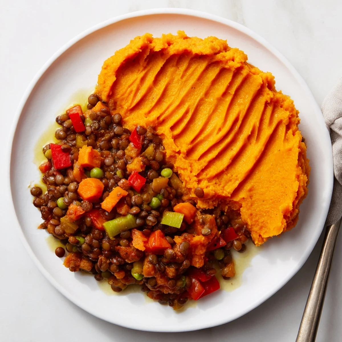 Vegan Lentil Shepherd's Pie with sweet potato topping, a satisfying and hearty plant-based meal.