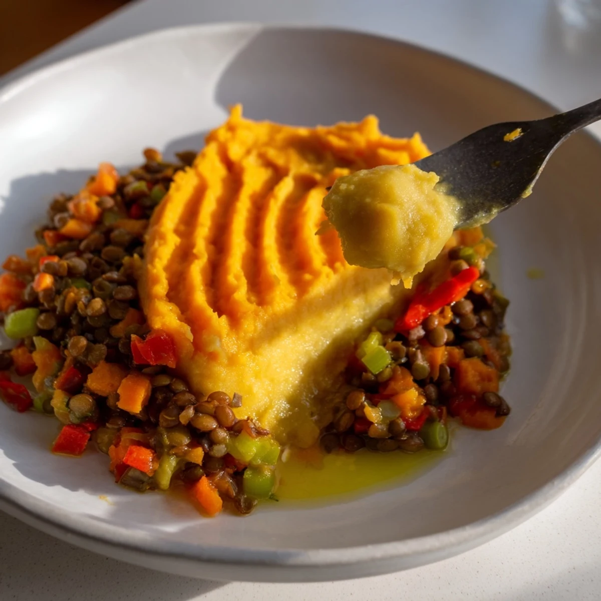 Creamy sweet potato mash tops bubbling Vegan Lentil Shepherd's Pie, a delicious British-inspired dish.