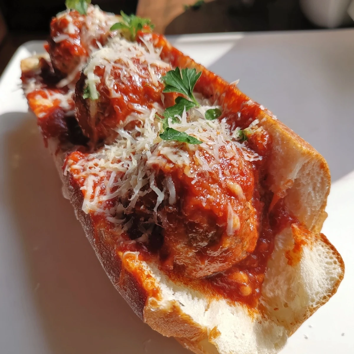Toasted sub filled with savory Turkey Meatball Subs, glistening sauce dripping, promising a flavorful bite.