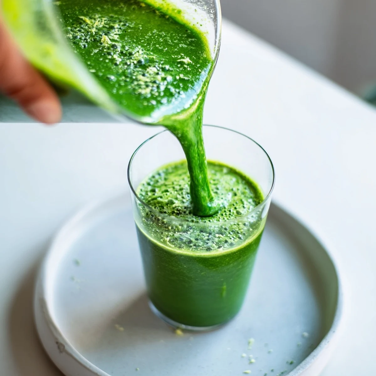 Bright green Detox Green Smoothie with ginger and lemon, ready to revitalize your day with freshness.