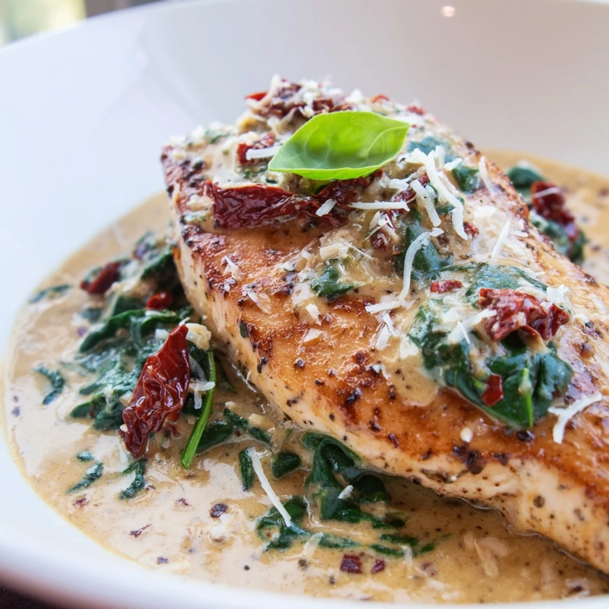 Tender sliced chicken served over pasta, smothered in a rich garlic cream sauce with bright red sun-dried tomatoes and green spinach.