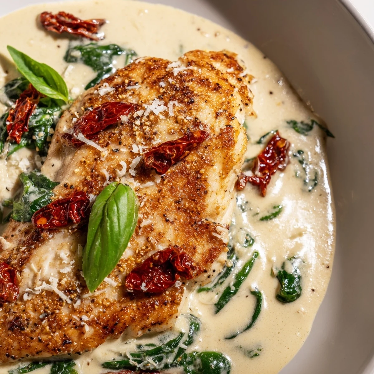 Close-up of golden brown chicken breasts swimming in a luscious Tuscan garlic sauce, garnished with fresh basil and Parmesan cheese.