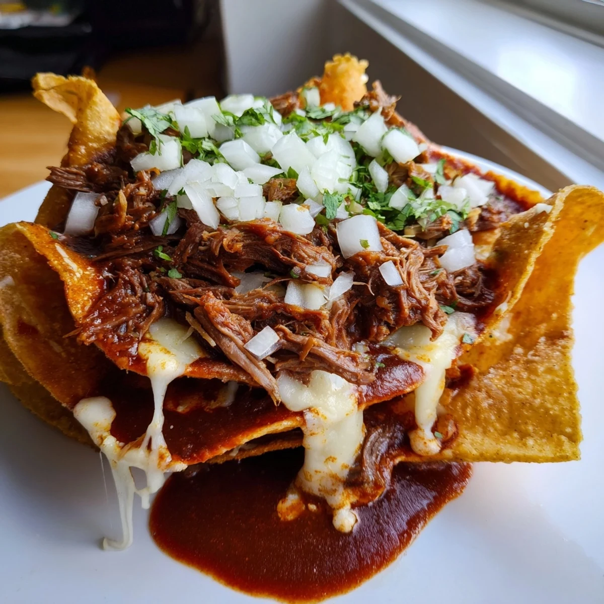 Freshly chopped white onion and lime wedges garnish these golden-brown birria tacos on a rustic plate.