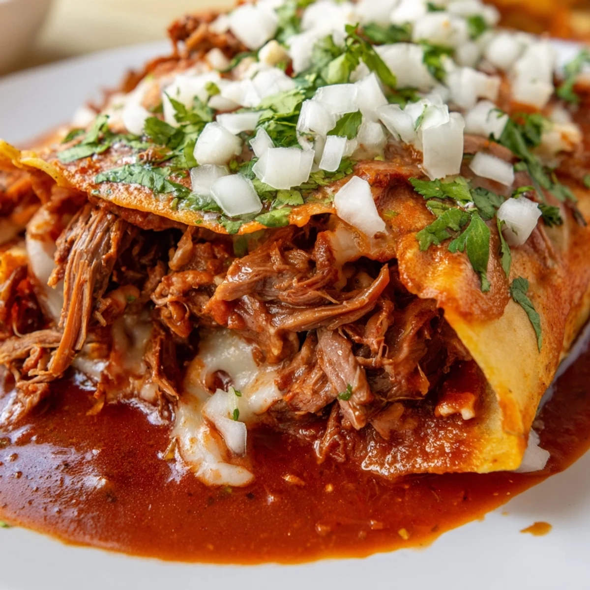 Crispy corn tortillas filled with slow-cooked beef birria and fresh cilantro, served with a rich consommé for dipping.