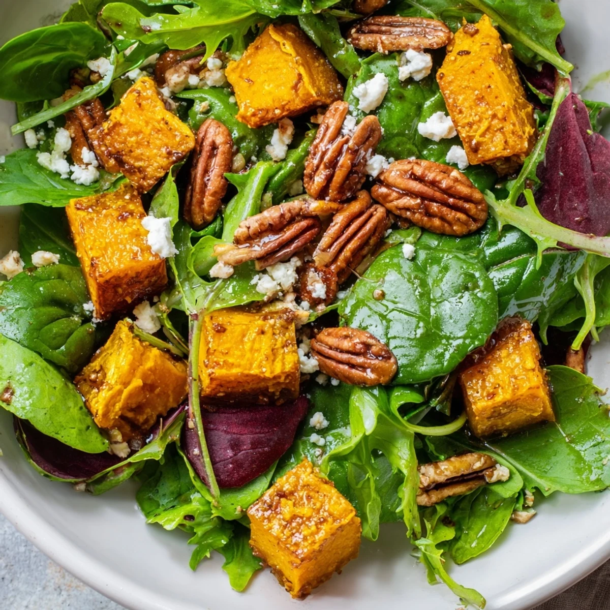 Fork-ready roasted butternut squash salad with red onions, fresh greens, and toasted pecans for a hearty side.
