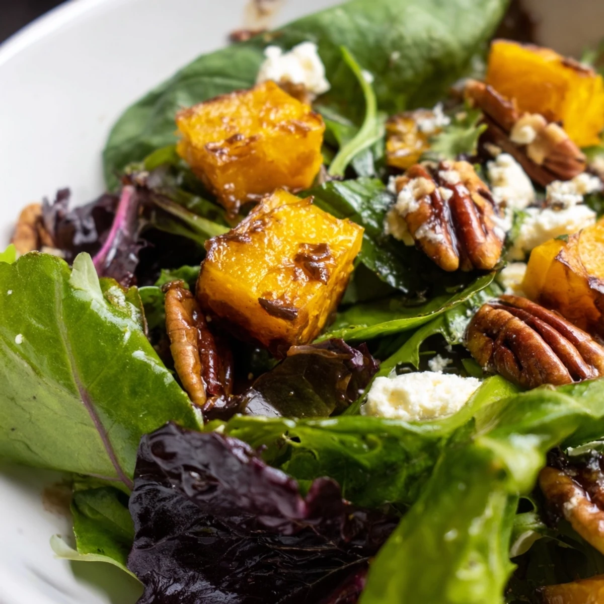 Vibrant autumn salad with caramelized butternut squash cubes, crunchy pecans, and a maple-balsamic vinaigrette drizzle. 