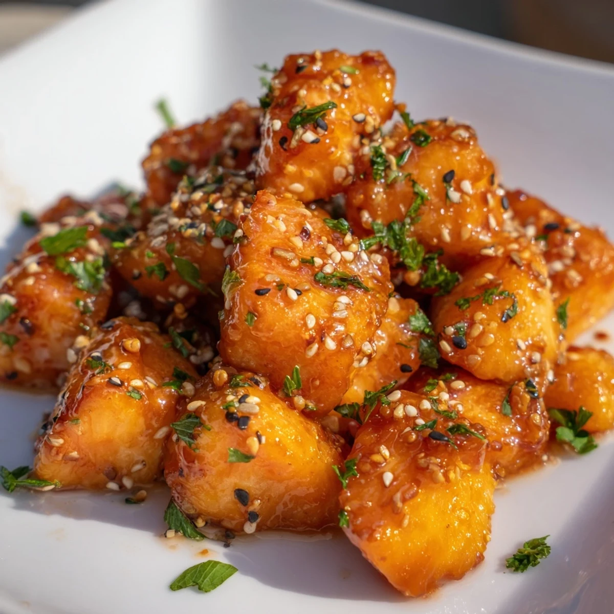 Sticky, sweet honey garlic glazed salmon bites served over fluffy white rice with sesame seeds.