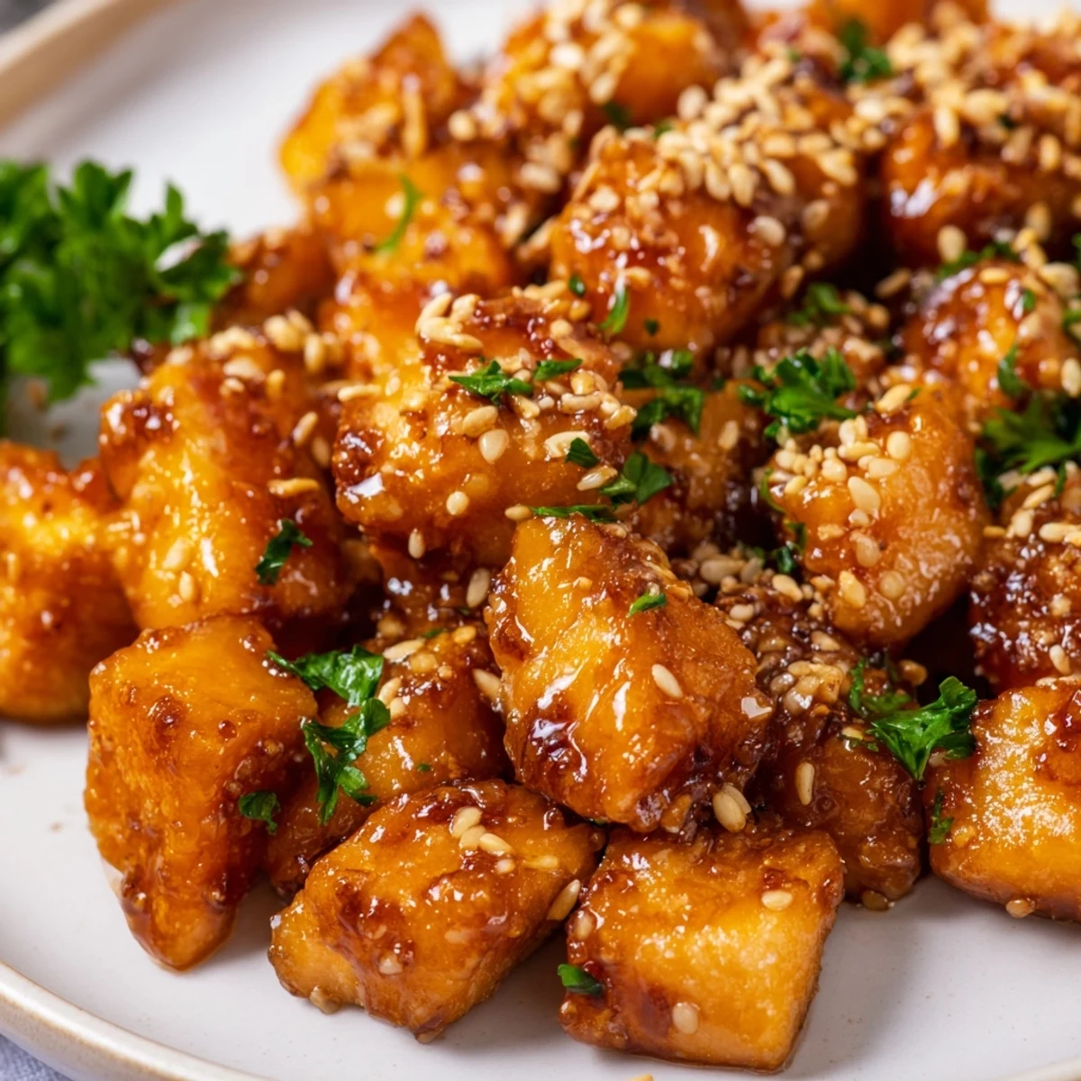 Golden-brown Air Fryer Salmon Bites with Honey Garlic Glaze on a white plate garnished with fresh parsley.