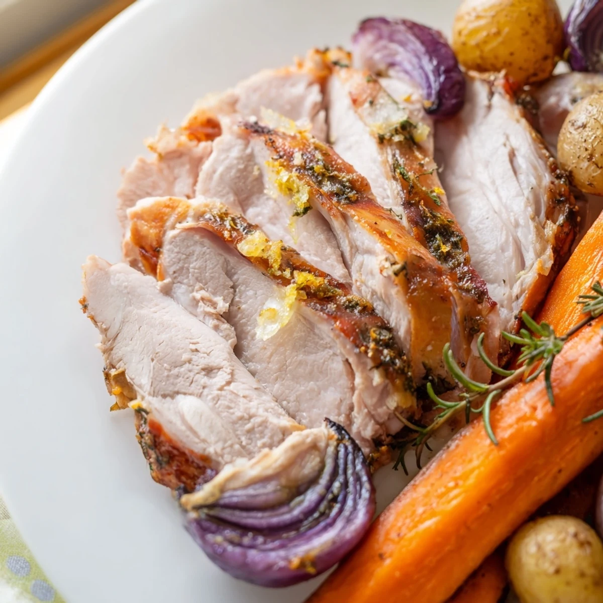 Golden-brown Sheet Pan Lemon Herb Roasted Turkey Breast rests beside tender carrots and potatoes.