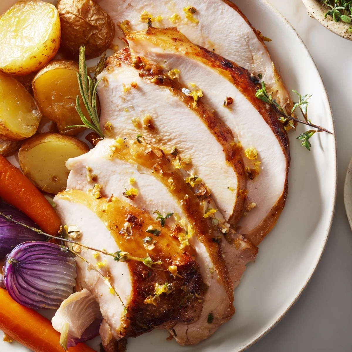 Sliced Sheet Pan Lemon Herb Roasted Turkey Breast served on a plate with vibrant roasted vegetables.
