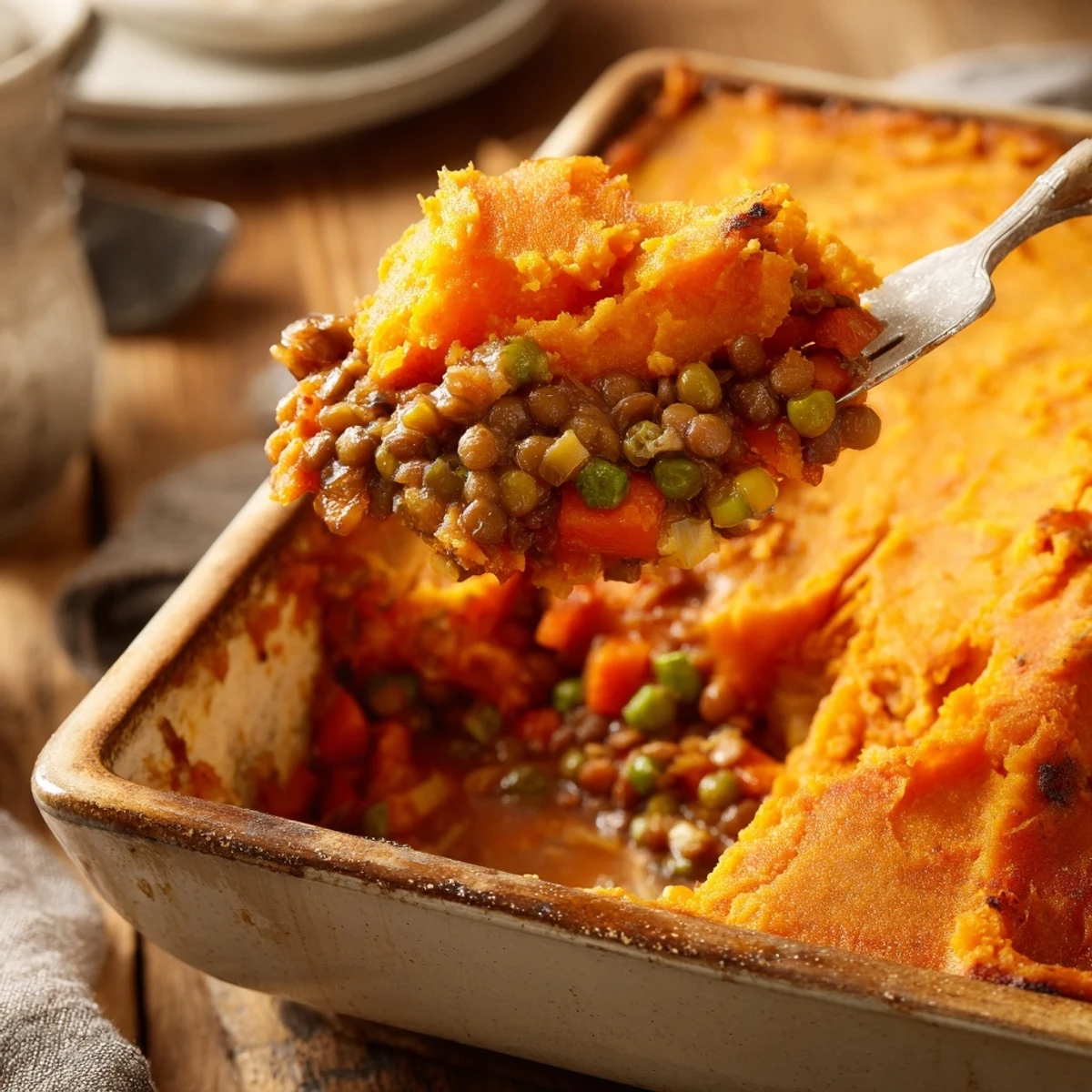 Golden-brown Vegetarian Lentil Shepherds Pie with Sweet Potato mash bubbling from the oven.