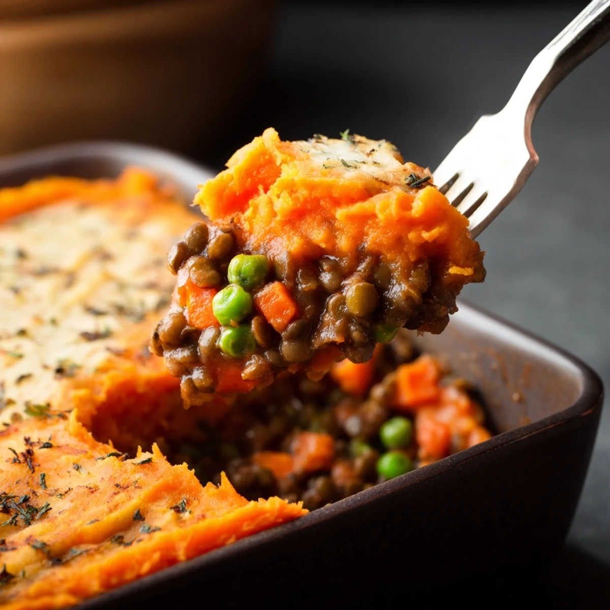 Steam rises from the Vegetarian Lentil Shepherds Pie with Sweet Potato filling and crust.
