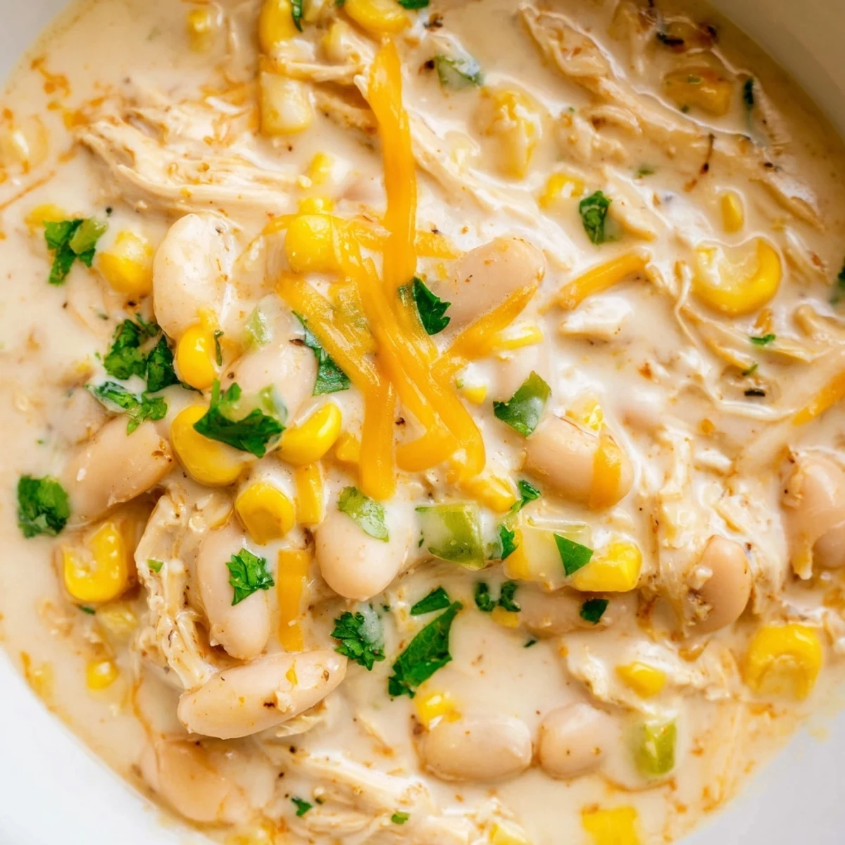 Creamy White Chicken Chili with Corn simmering in a pot, featuring tender shredded chicken, white beans, and a rich, mildly spicy broth with fresh garnishes.