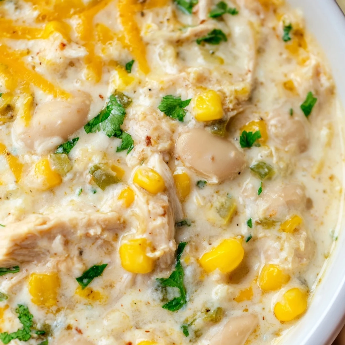 Close-up of Creamy White Chicken Chili with Corn, showcasing the thick, creamy texture of beans, corn, and juicy chicken in a comforting homemade meal.