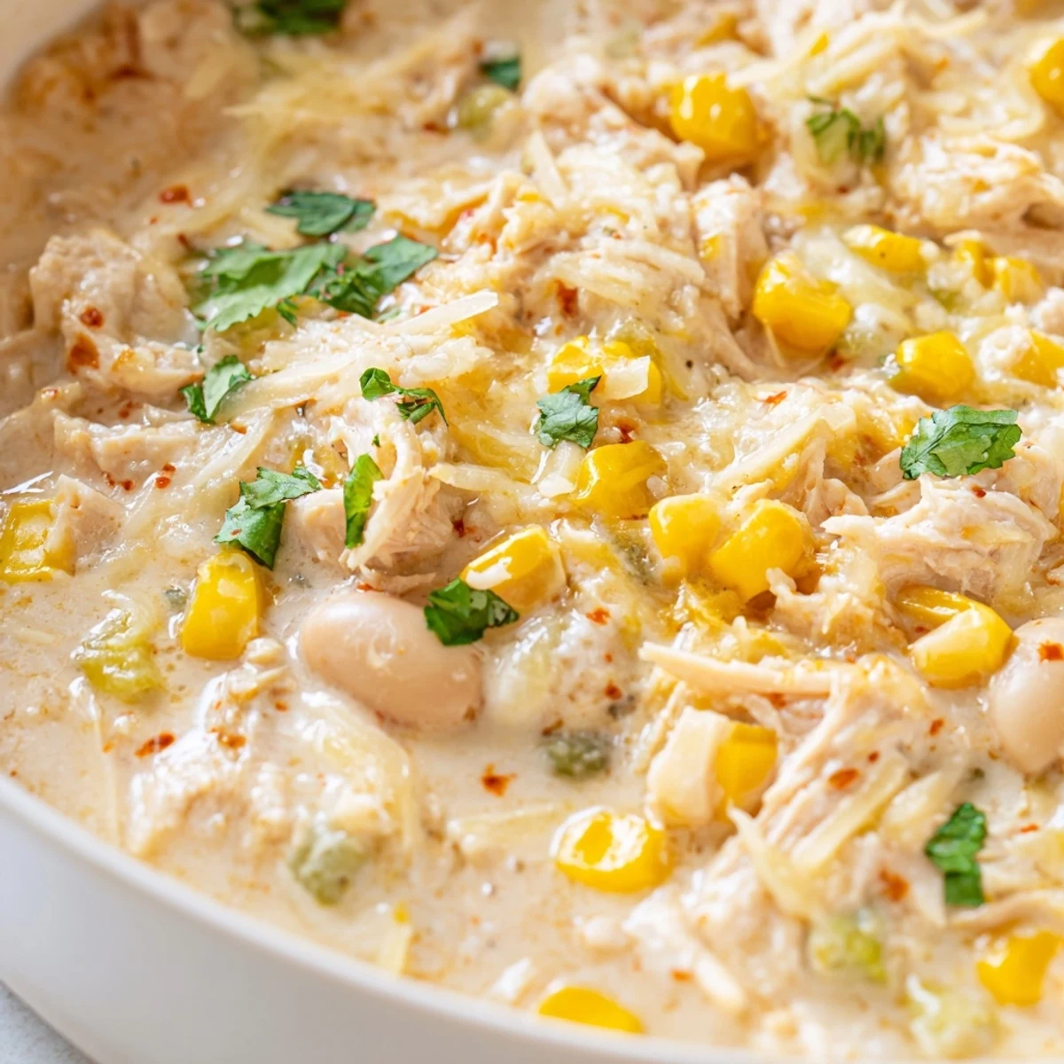 Bowl of Creamy White Chicken Chili with Corn topped with cilantro, green onions, and Monterey Jack cheese, served alongside warm cornbread and lime wedges.