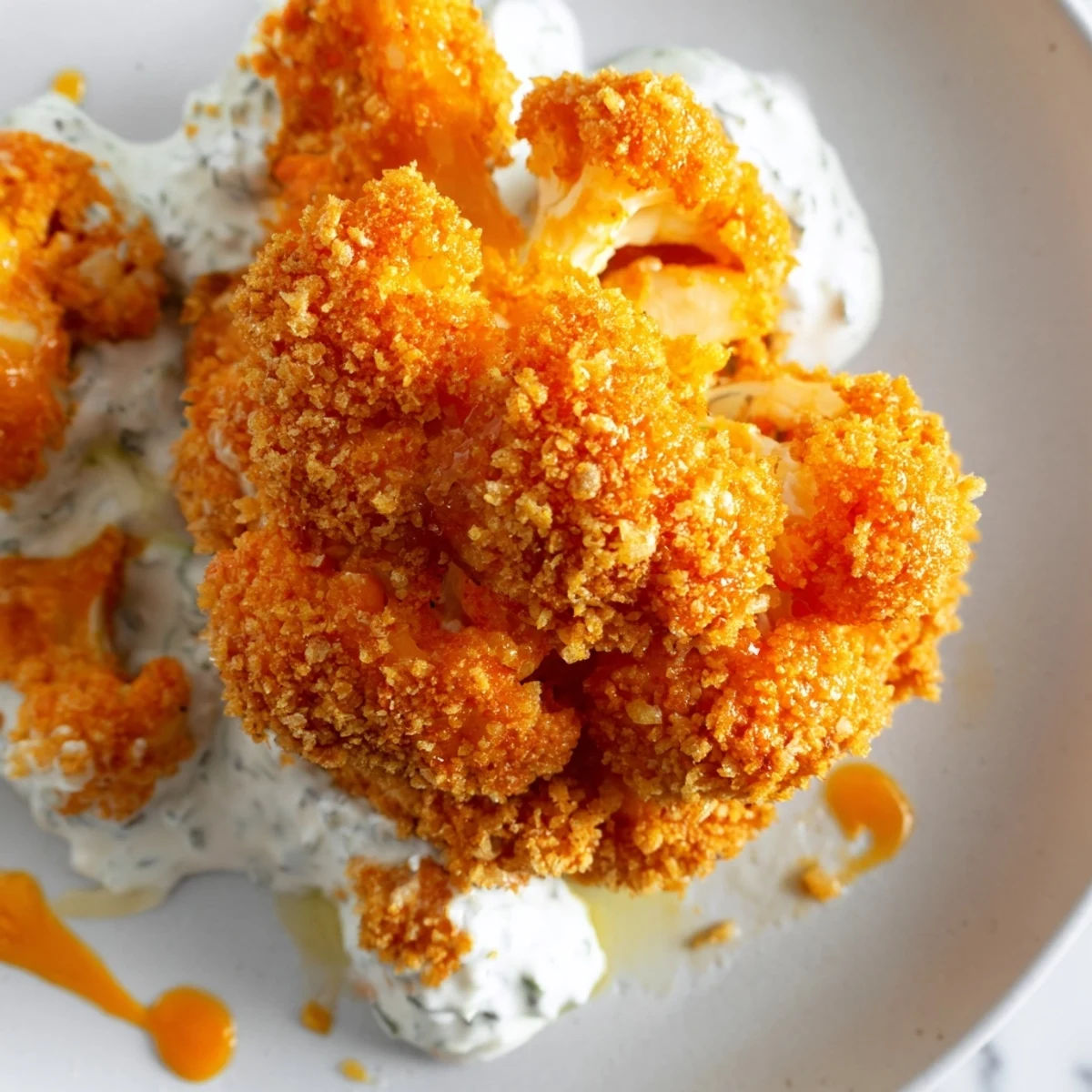 Golden brown Crispy Buffalo Cauliflower Wings tossed in spicy buffalo sauce, plated alongside a bowl of cool, homemade ranch dip.