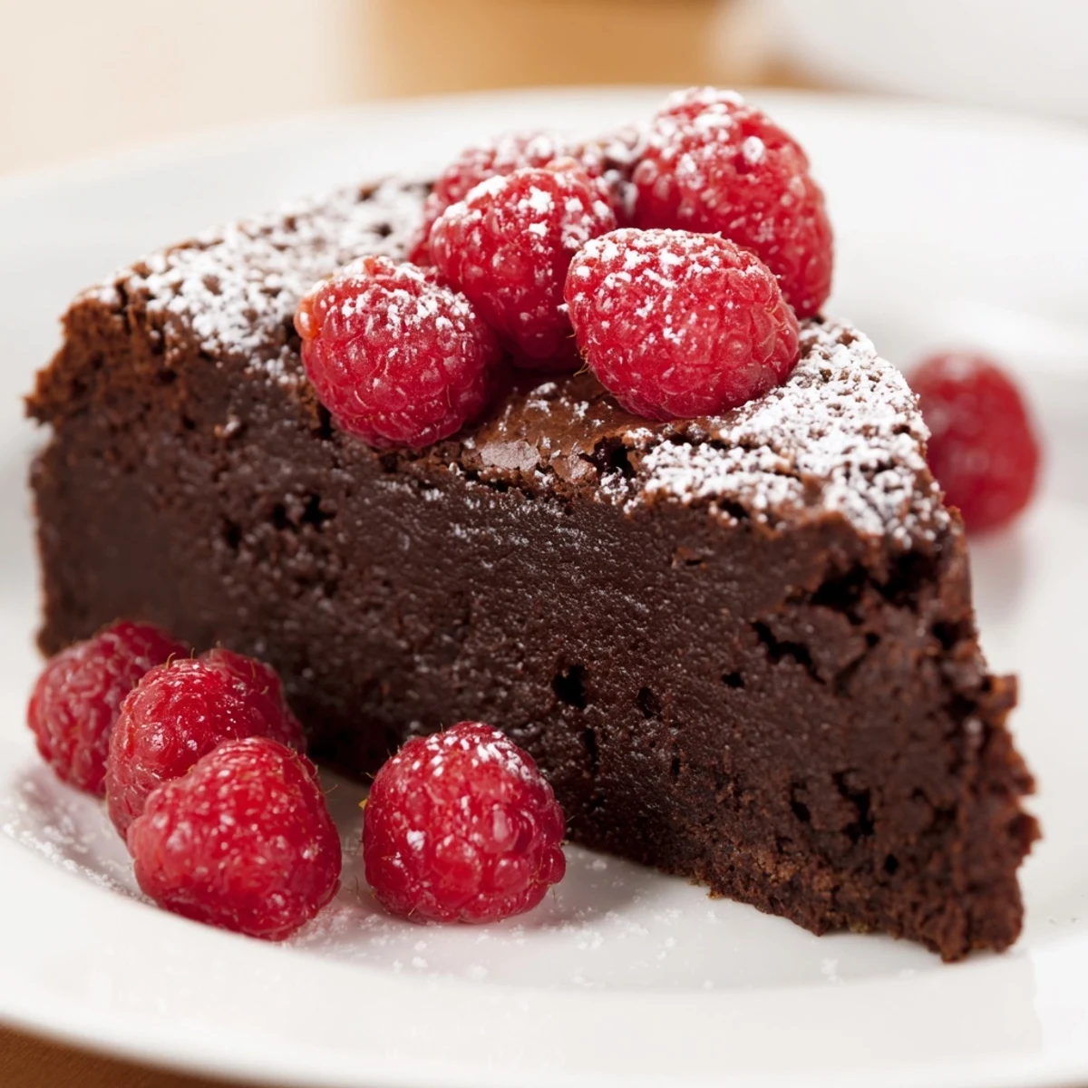 Decadent Flourless Chocolate Cake with Raspberries is presented on a white plate, dusted with powdered sugar and topped with fresh red berries.