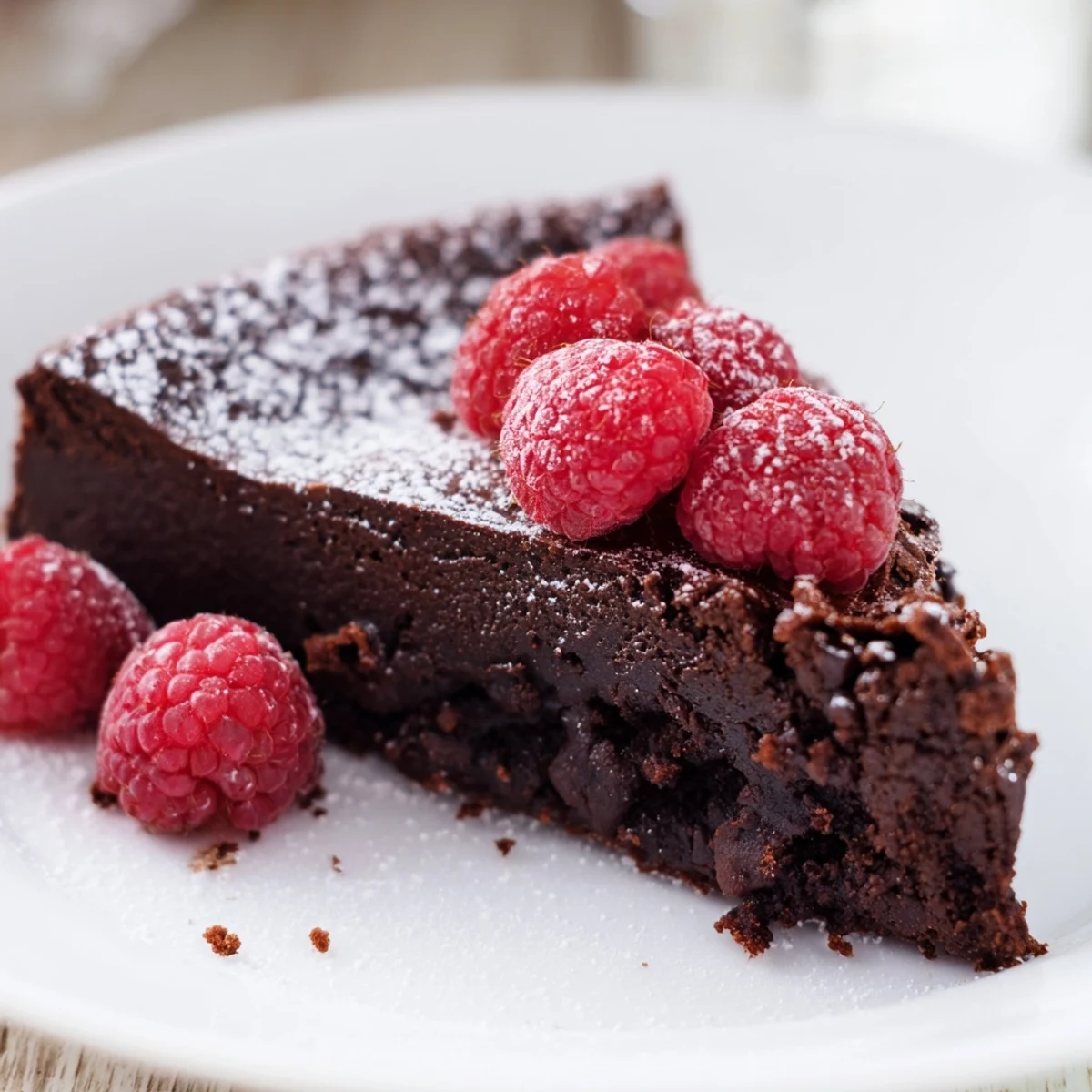 A rich slice of Decadent Flourless Chocolate Cake with Raspberries reveals a fudgy texture, served alongside a dollop of whipped cream.