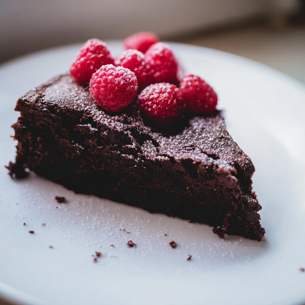 Decadent Flourless Chocolate Cake with Raspberries sits on a marble counter, garnished with fresh berries and ready to be served.