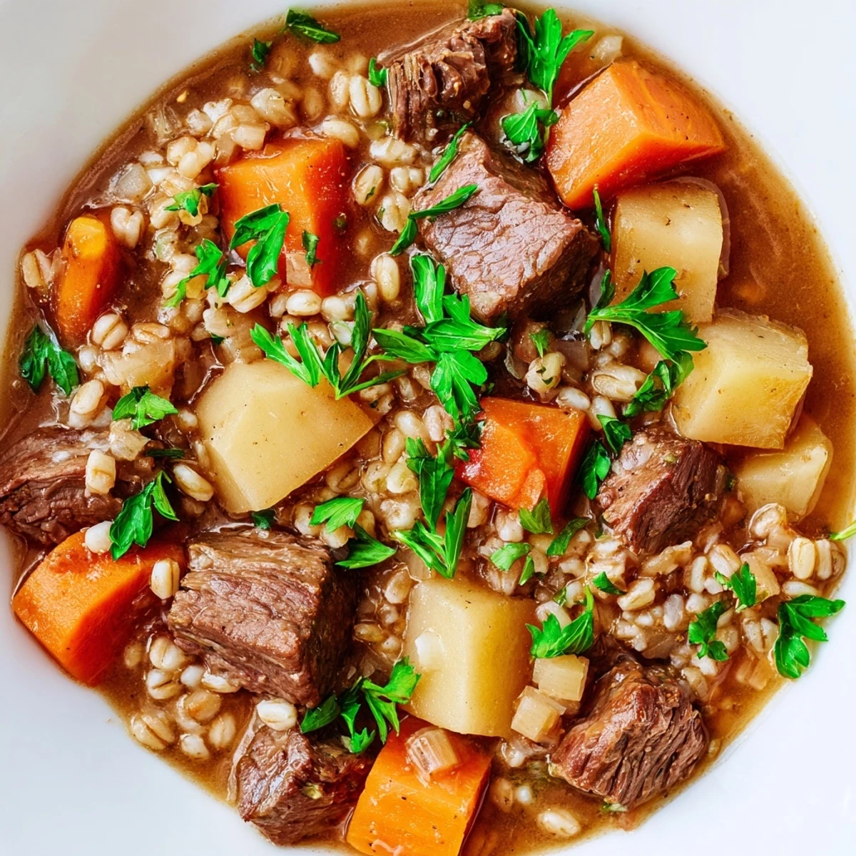 Close-up of Hearty Beef and Barley Stew with Root Vegetables in a rustic bowl, garnished with fresh parsley.