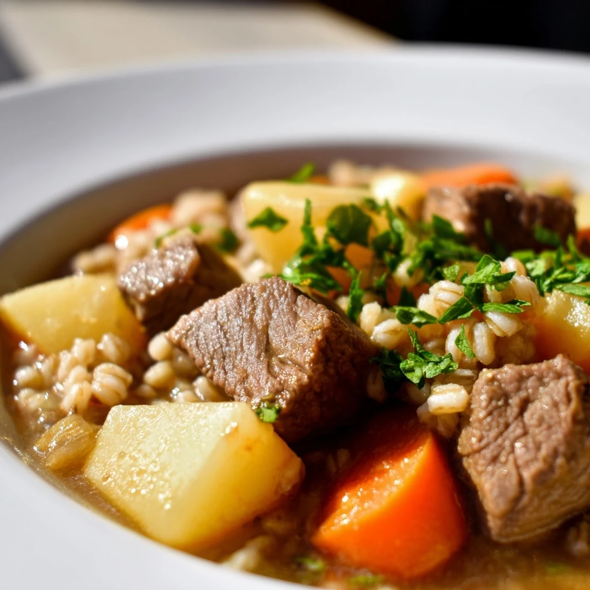 Serving of Hearty Beef and Barley Stew with Root Vegetables in a white bowl, ready to enjoy.