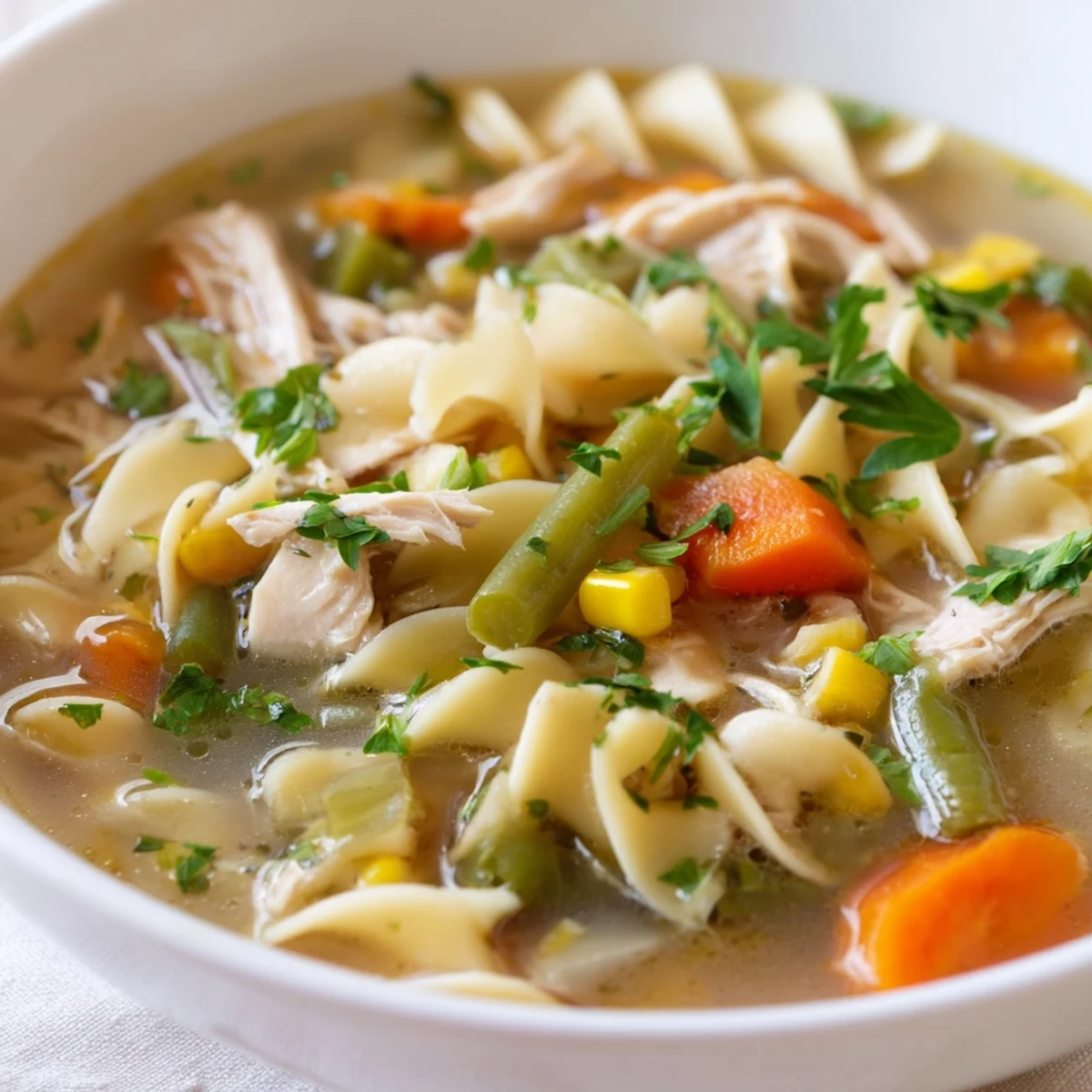 Hearty Chicken Vegetable Soup with Egg Noodles simmering in a rustic pot, showcasing carrots, green beans, and savory broth.