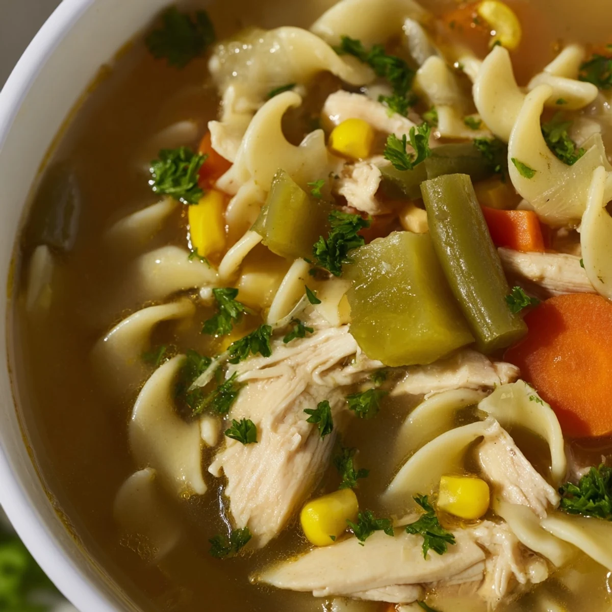 Close-up on a spoonful of Chicken Vegetable Soup with Egg Noodles, revealing juicy chicken, corn, and peas in clear broth.