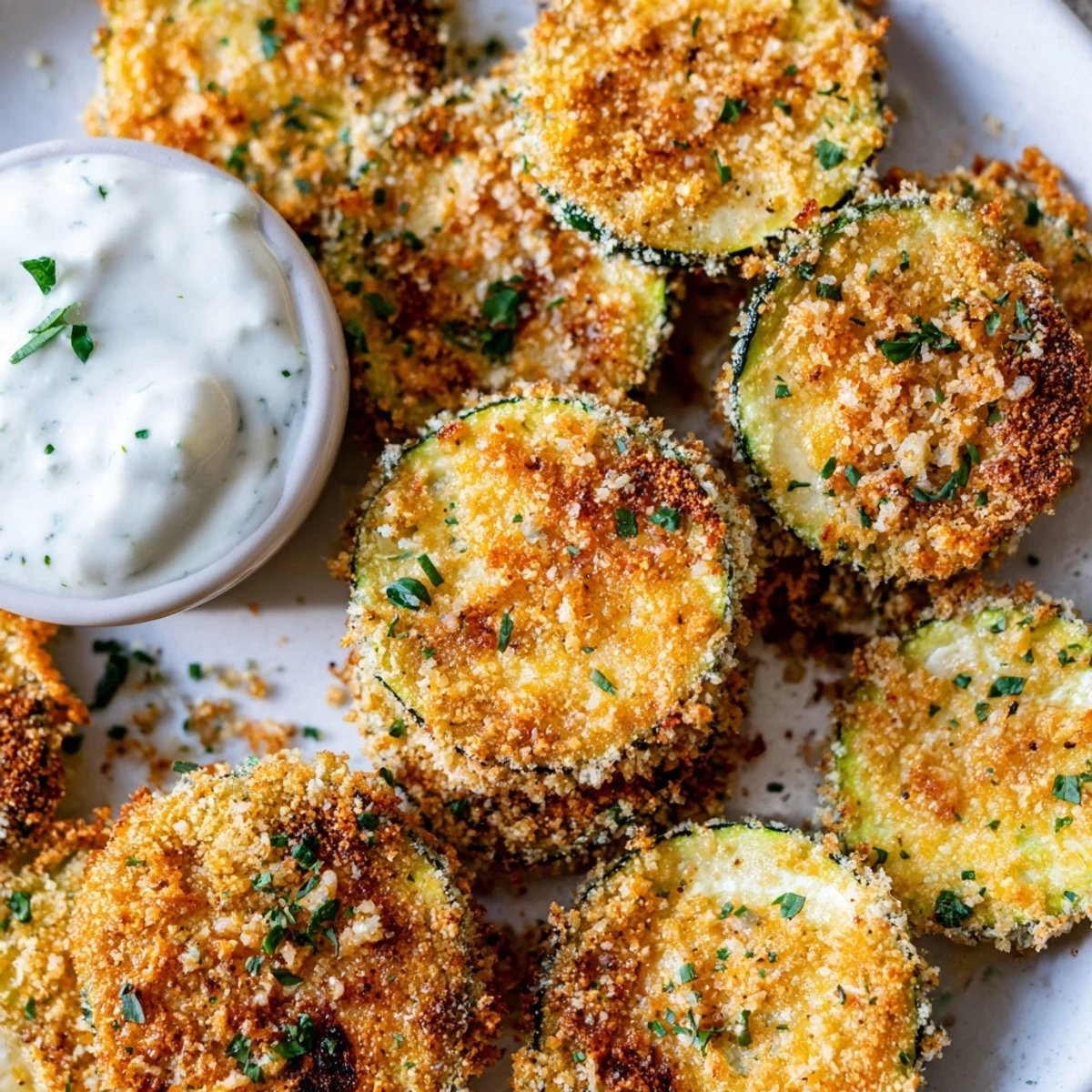 Freshly cooked Crispy Air Fryer Zucchini Chips with Ranch show a crunchy panko and Parmesan coating, served warm from the air fryer.