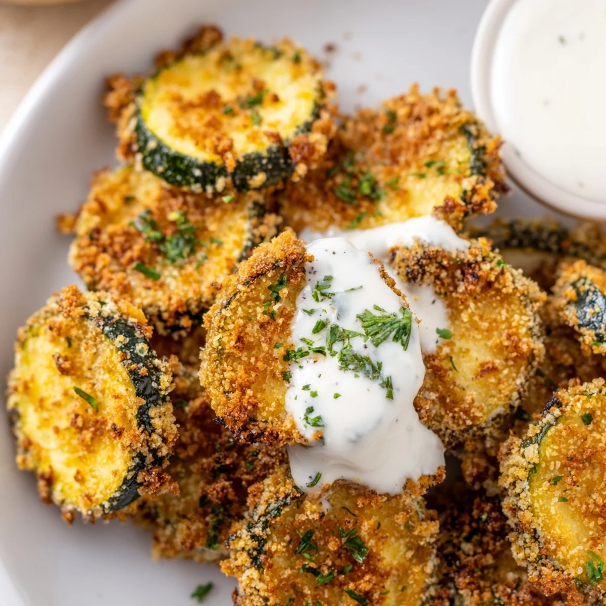 Golden, crispy Crispy Air Fryer Zucchini Chips with Ranch arranged next to a small bowl of creamy dip for a delicious snack.