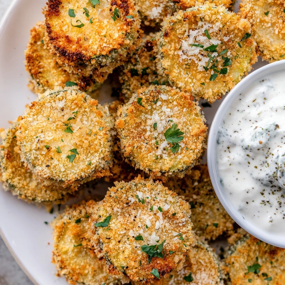 A platter of Crispy Air Fryer Zucchini Chips with Ranch features golden vegetable rounds paired with homemade ranch, perfect for dipping.