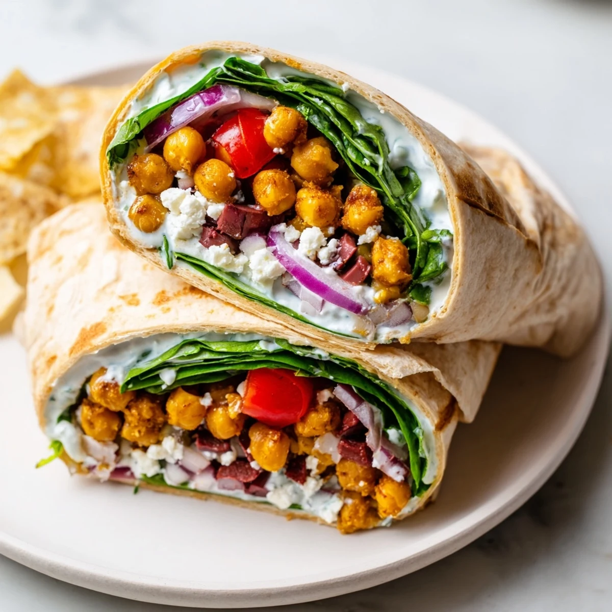 A warm Mediterranean Chickpea Wrap layered with spiced chickpeas, fresh spinach, and creamy tzatziki on a plate. Close up.