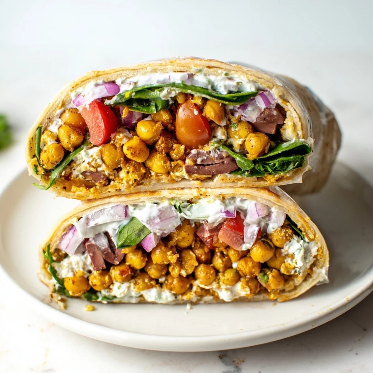 Savory Mediterranean Chickpea Wrap with tzatziki, red onions, tomatoes, and Kalamata olives, ready to be enjoyed for lunch.