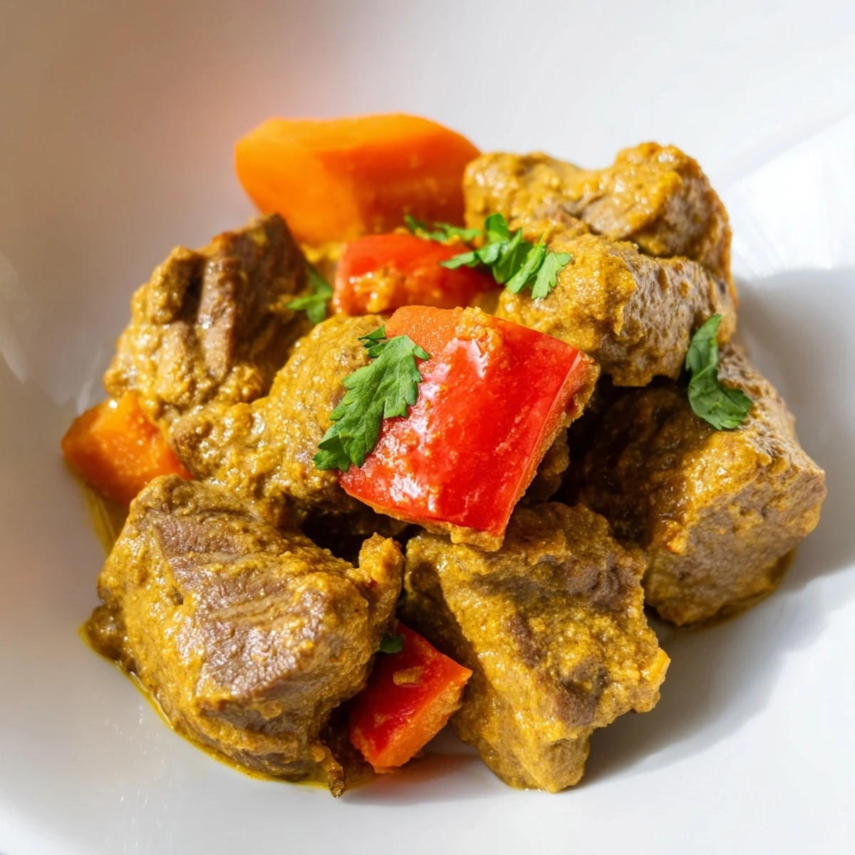 Slow Cooker Beef Curry with Coconut Milk steaming in a ceramic insert, garnished with fresh cilantro and served with fluffy basmati rice.