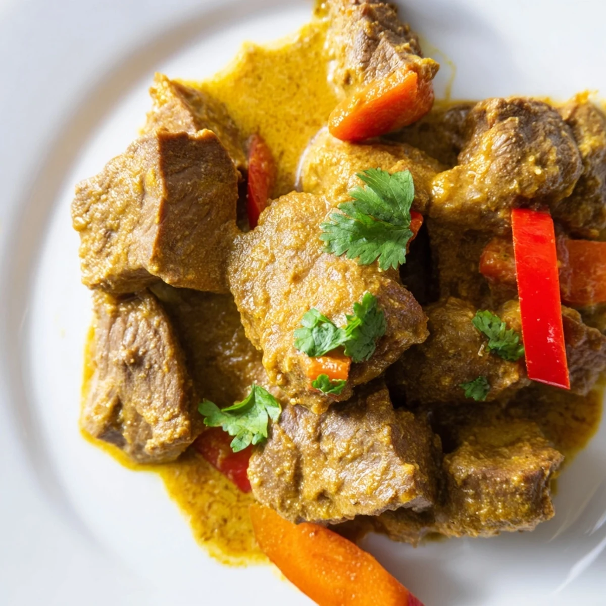 Slow Cooker Beef Curry with Coconut Milk spooned over white rice, with tender beef chunks, carrots, and red bell peppers in a rich, golden sauce.