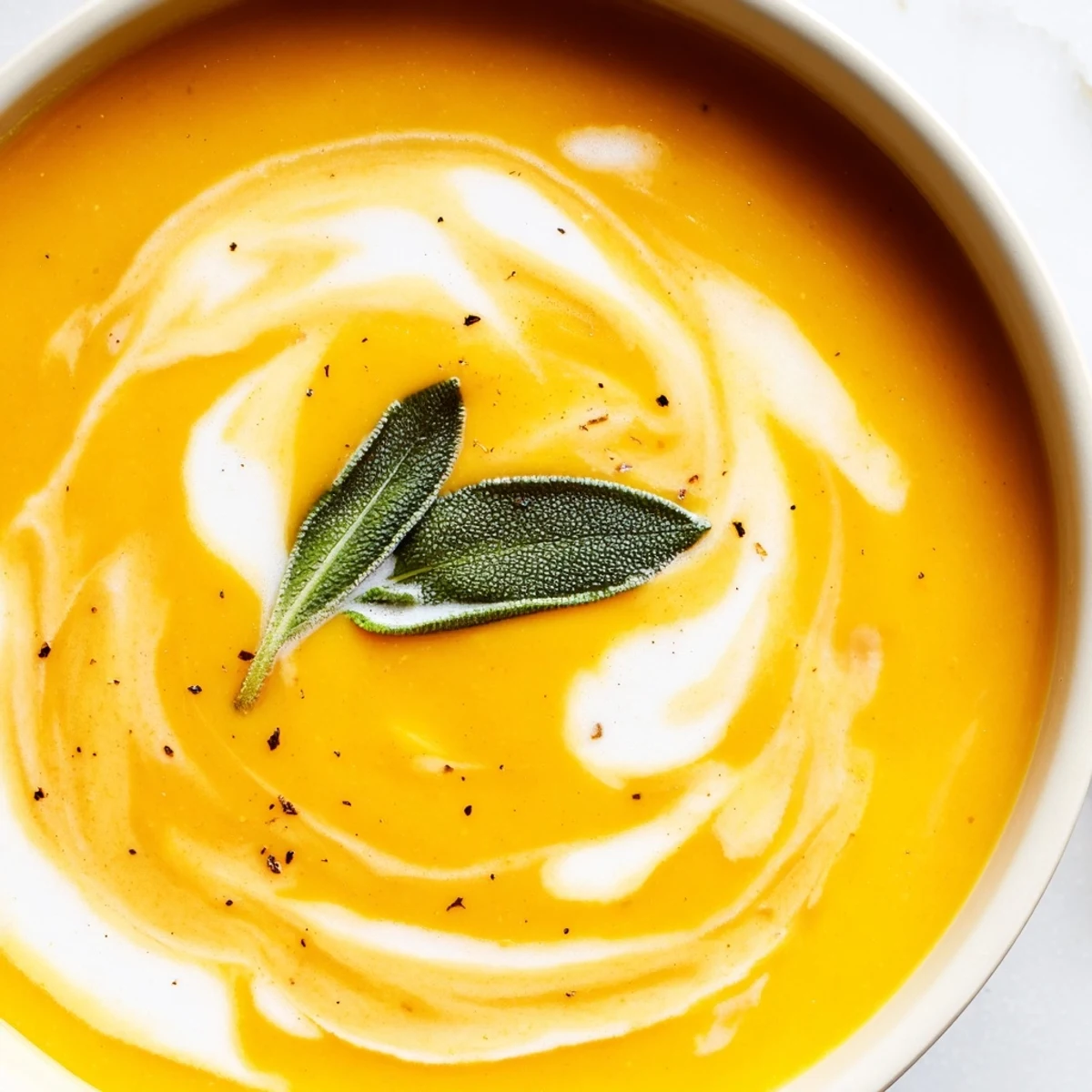 Close-up of velvety roasted butternut squash soup topped with crispy sage, ready to enjoy with crusty bread on the side. 
