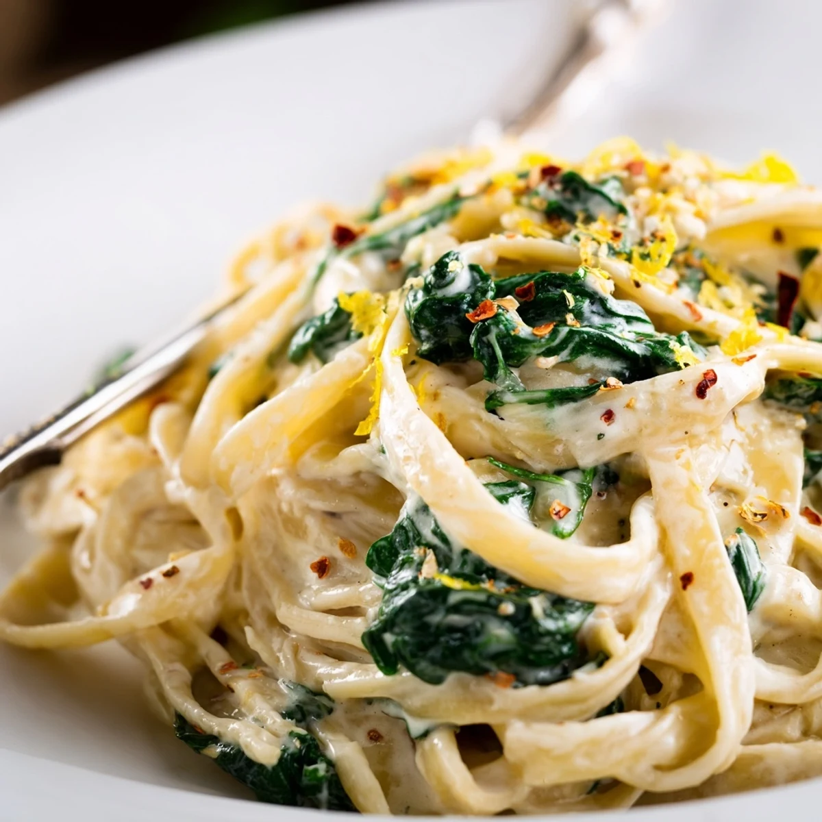 Creamy Spinach Pasta with Garlic and Lemon twirls on a fork, coated in a silky, garlicky cream sauce.