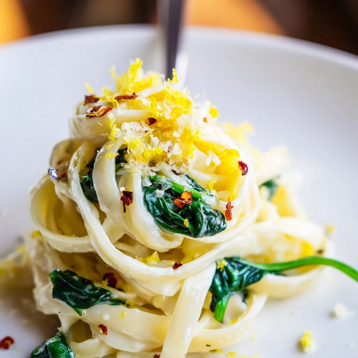 A skillet of Creamy Spinach Pasta with Garlic and Lemon garnished with zest and Parmesan, ready to serve.