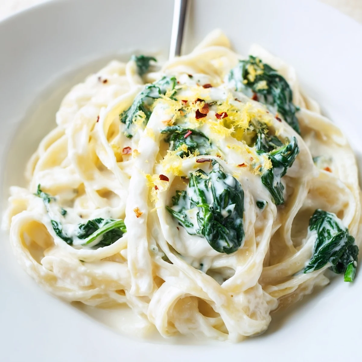 Close-up on vibrant wilted spinach and tender noodles in Creamy Spinach Pasta with Garlic and Lemon.