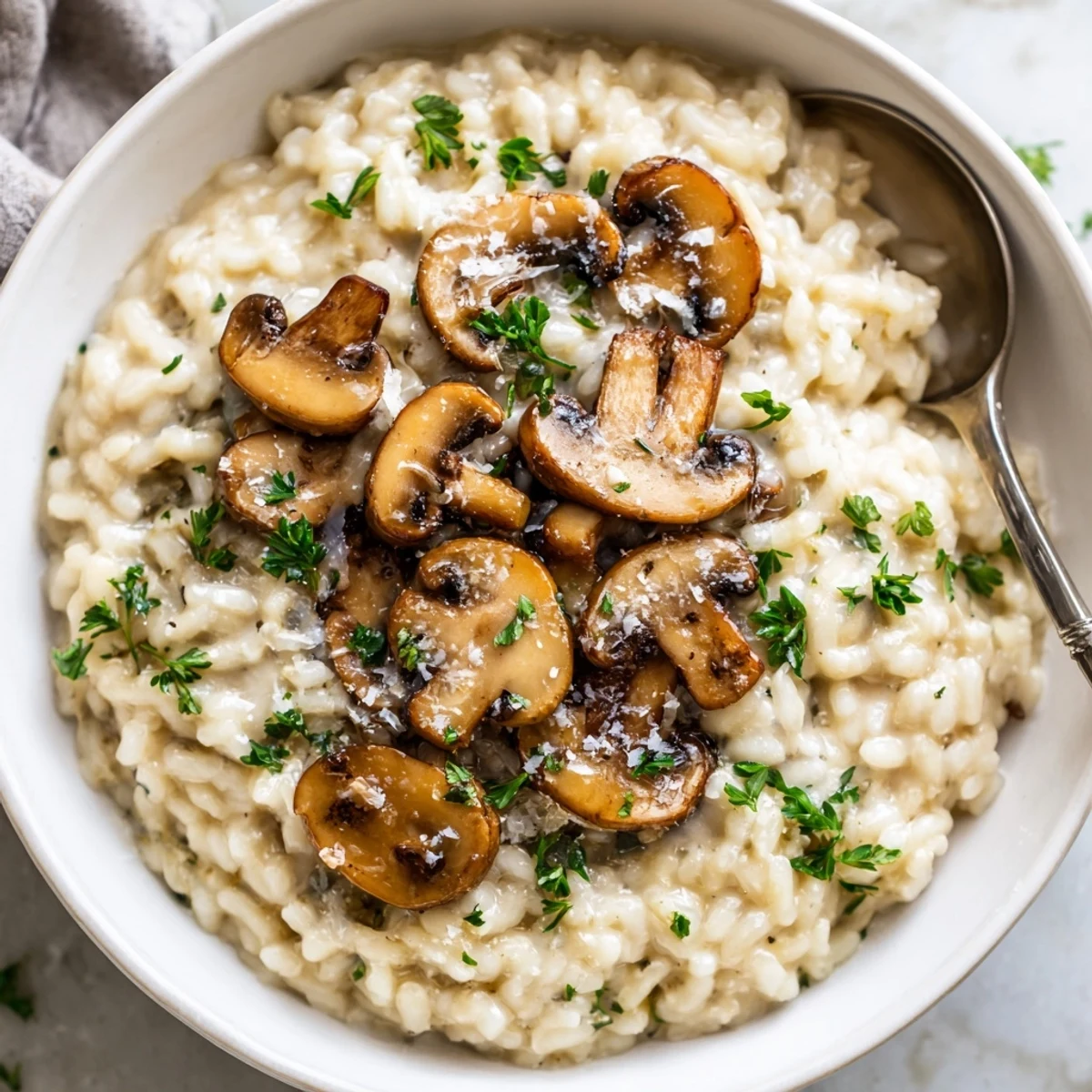 Spoon lifting a creamy serving of Creamy Mushroom Risotto with Parmesan Cheese, highlighting its rich, velvety texture and sautéed mushrooms.