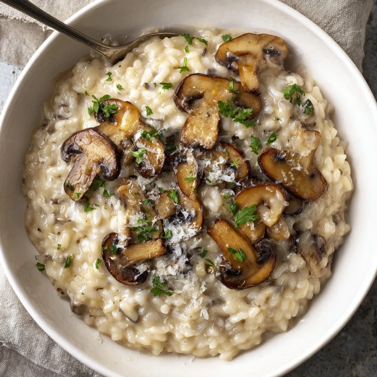 Creamy Mushroom Risotto with Parmesan Cheese steaming in a white bowl, topped with golden sautéed mushrooms and fresh parsley garnish.
