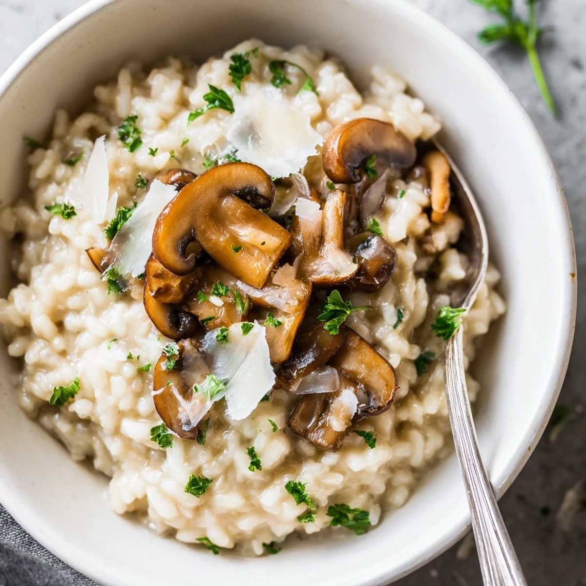 Elegant white bowl filled with Creamy Mushroom Risotto with Parmesan Cheese, garnished with parsley, ready for an Italian dinner.